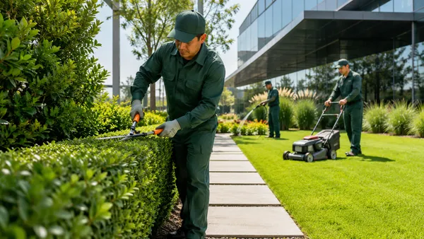 Personal de FEGHADAL realizando mantenimiento de áreas verdes en una empresa