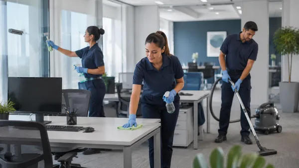 Personal de FEGHADAL realizando limpieza empresarial en oficinas corporativas