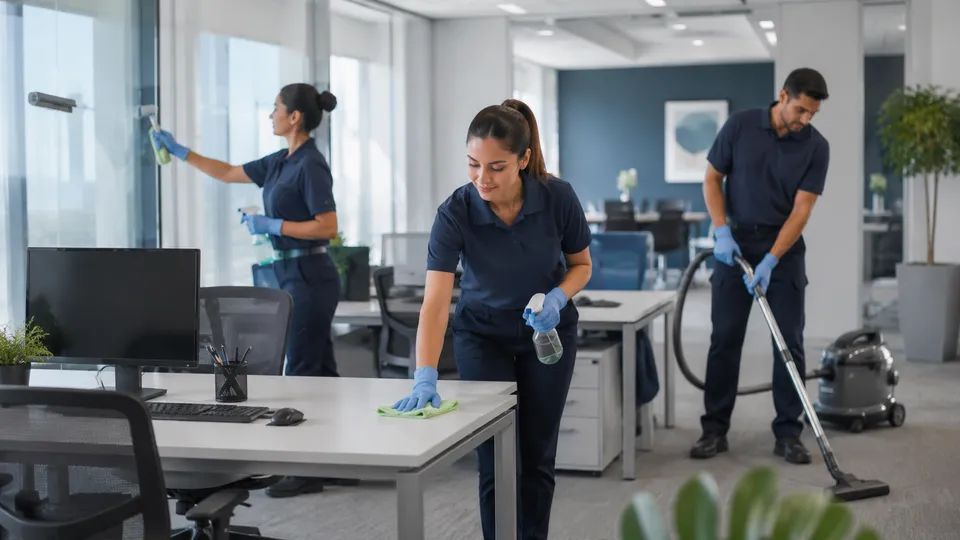 Personal de FEGHADAL realizando limpieza empresarial en oficinas corporativas
